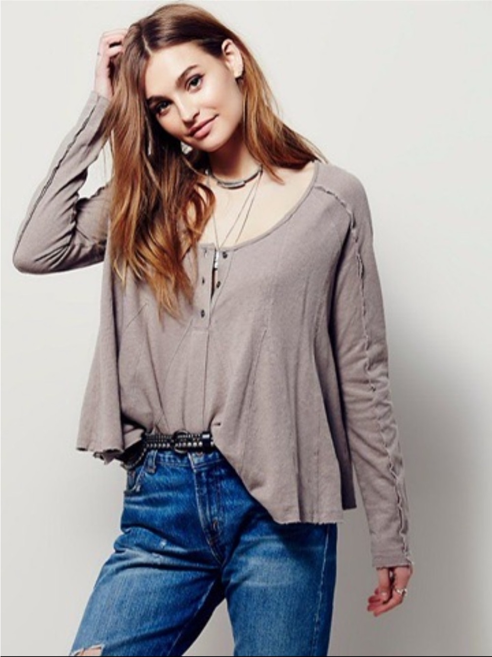 Free People Cotton-Linen Blend Long Sleeve Button Tee Taupe